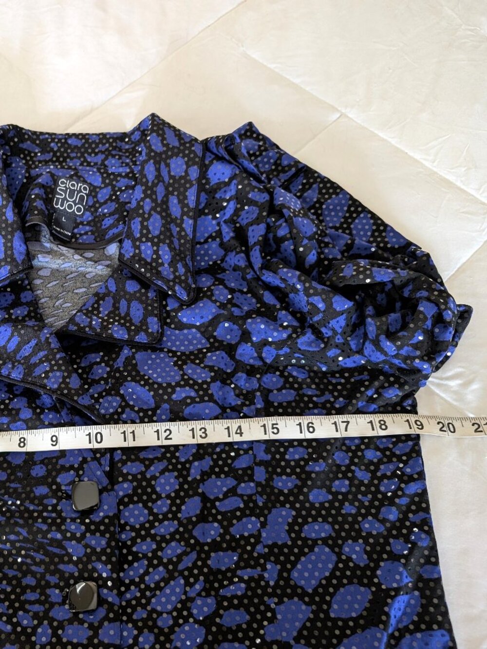 CLARA SUN WOO Jacket L Blue Black Sequin Button Shine Evening Designer - Picture 9 of 10